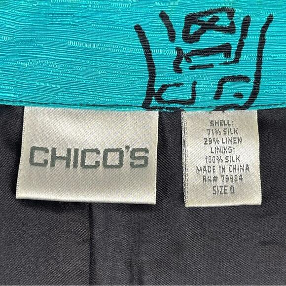 Chico's Oriental Art-to-Wear Patchwork Silk Linen Blazer Jacket Turquoise SZ 4 - Picture 15 of 15